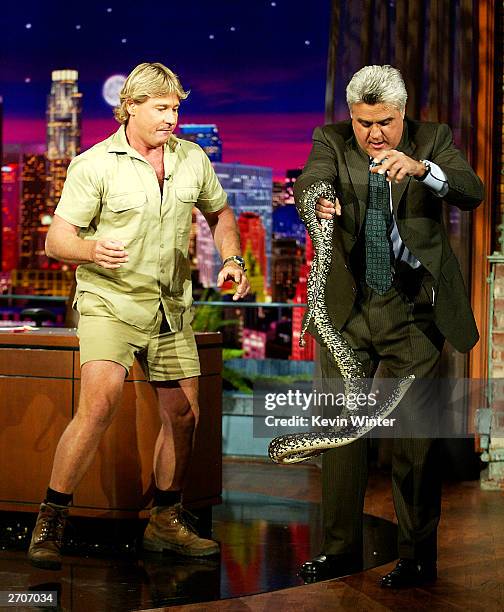 Crocodile Hunter" Steve Irwin appears on "The Tonight Show with Jay Leno" at the NBC Studios on November 6, 2003 in Burbank, California.