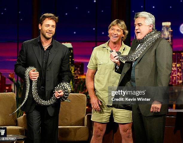 Actor Russell Crowe and "Crocodile Hynter" Steve Irwin appear on "The Tonight Show with Jay Leno" at the NBC Studios on November 6, 2003 in Burbank,...