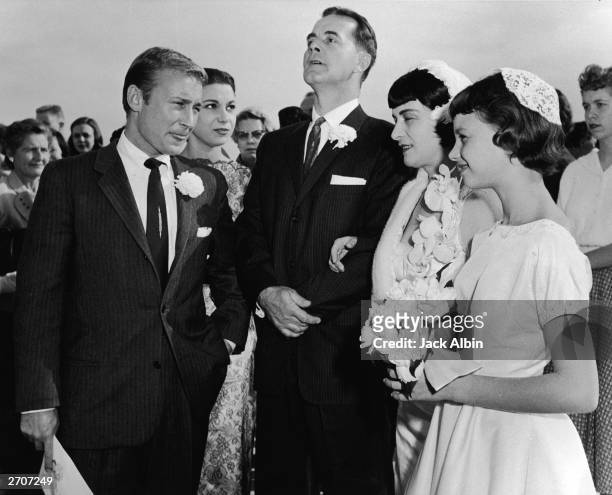 Actor Nick Adams, Faye Newell, Mr. Nicholas Gurdin and wife , and Lana Wood, sister of the bride, at the wedding of Natalie Wood and Robert Wagner,...