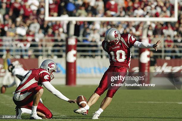 Kicker Drew Dunning of the Washington State University Cougars attempts to score against the Oregon State University Beavers during the Pac-10 game...