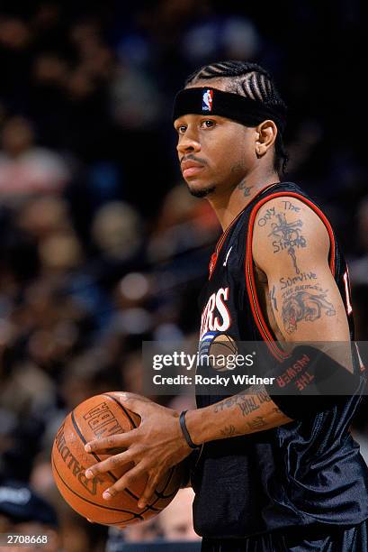 Allen Iverson of the Philadelphia 76ers holds the ball during the NBA game against the Golden State Warriors at The Arena in Oakland on November 3,...