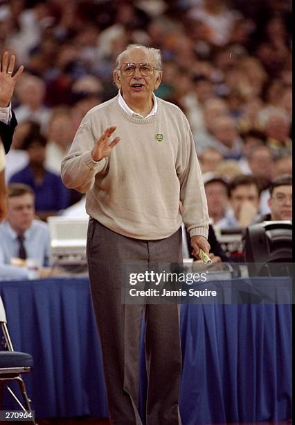 Coach Pete Carril of the Princeton Tigers looks on during a game against the UCLA Bruins at the RCA Dome in Indianapolis, Indiana. Princeton won the...