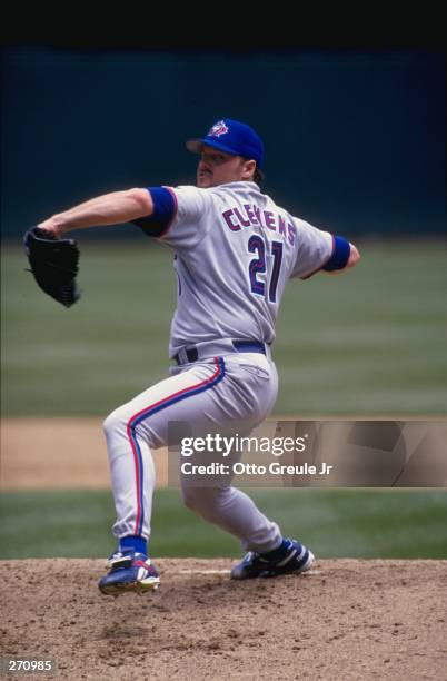 Roger Clemens of the Toronto Blue Jays in action during a game against the Oakland Athletics at the Oakland Coliseum in Oakland, California. The Blue...