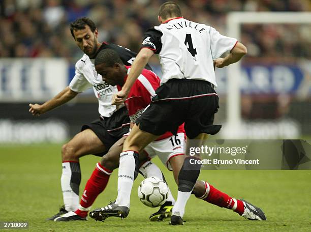 Andy Melville challenges Kevin Lisbie during the Barclaycard Premiership match between Charlton Athletic and Fulham played at The Valley on November...