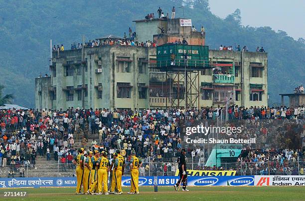 Australia celebrate the fall of a wicket during the TVS Triangular One day Series match between Australia and New Zealand at the Nehru Stadium on...