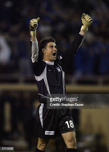 Goalkeeper Pat Onstad of the San Jose Earthquakes celebrates after his team scored a goal in the 89th minute to tie the aggregate score at 4-4...