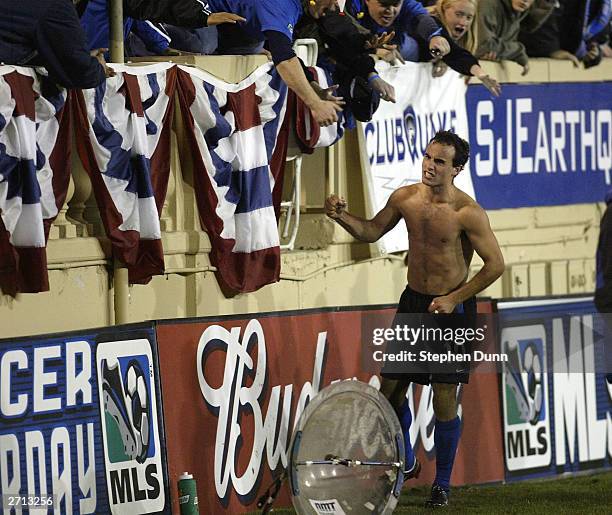 Landon Donovan of the San Jose Earthquakes celebrates with fans after their series victory over the Los Angeles Galaxy in their Major League Soccer...