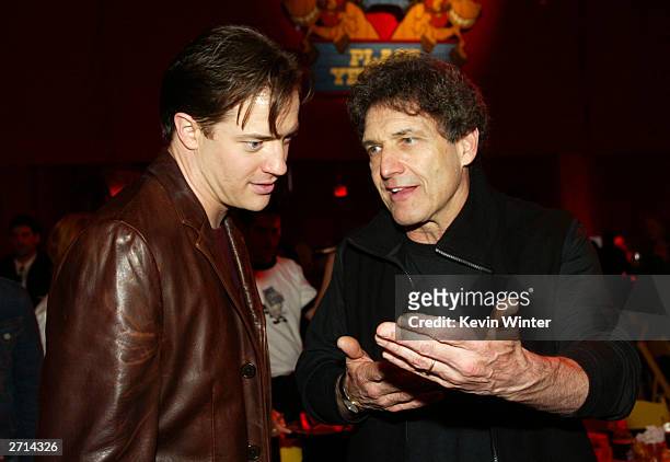 Actor Brendan Fraser and Warner Bros. Alan Horn talk at the after-party for "Looney Tunes: Back In Action" at Hollywood and Highland on November 9,...