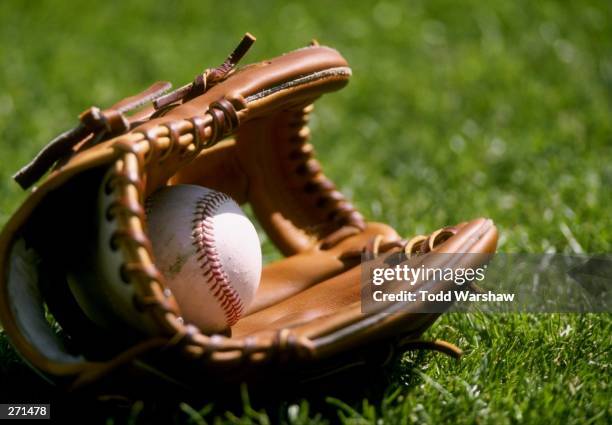 General view of a baseball laying in a glove on the grass during an Arizona Diamondbacks spring training game against the Chicago Cubs at Hohkam...