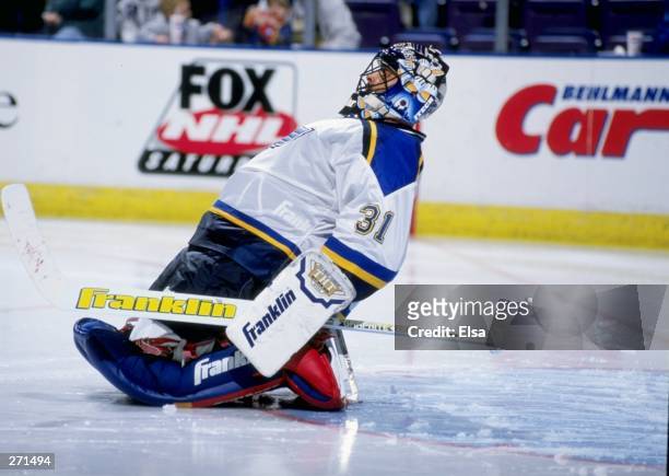 Goaltender Grant Fuhr of the St. Louis Blues in action during a game against the Colorado Avalanche at the Kiel Center in St. Louis, Missouri. The...