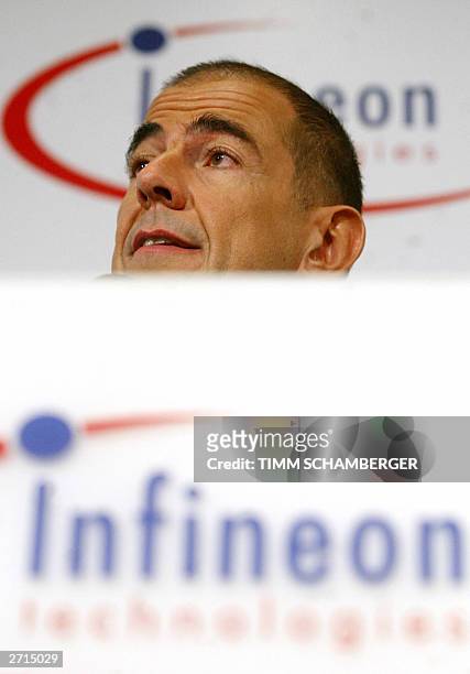 Ulrich Schumacher, chairman of semiconductor maker Infineon Technologies gives a press conference 10 November 2003 in Munich, where he told Infineon...