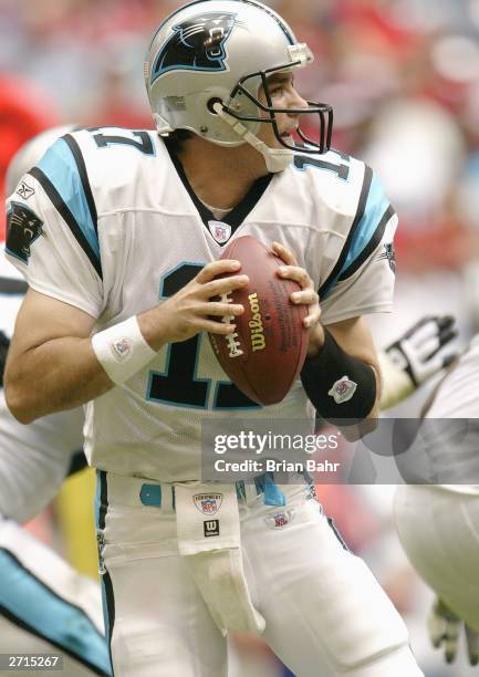 Quarterback Jake Delhomme of the Carolina Panthers drops back to pass against the Houston Texans during the game at Reliant Stadium on November 2,...