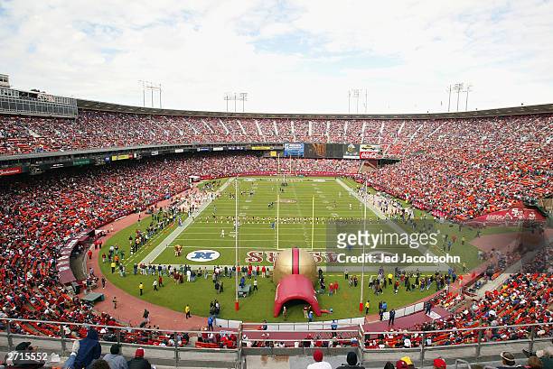 General view of the Candlestick Park during player introductions for the game between the San Francisco 49ers and the St. Louis Rams on November 2,...