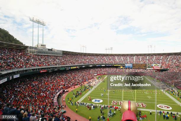 General view of the Candlestick Park during player introductions for the game between the San Francisco 49ers and the St. Louis Rams on November 2,...