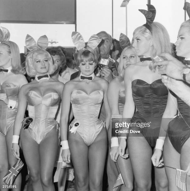 Group of Playboy Bunny Girls from London's Playboy Club waiting for Hugh Hefner, the American owner of the 'Playboy' business empire at London...
