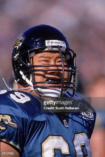 Offensive lineman Eugene Chung of the Jacksonville Jaguars, first player of Asian descent to be selected in the first round of the NFL draft, stands...