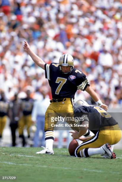 Morten Andersen of the New Orleans Saints kicks during a game against the Tampa Bay Buccaneers at Tampa Stadium on September 18, 1994 in Tampa Bay,...