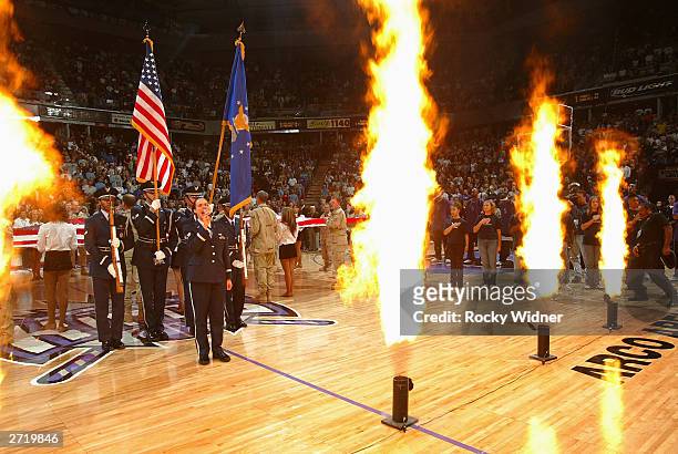 The Sacramento Kings celebrate Veterans Day during the pre-game festivities before the Kings take on the Detroit Pistons at Arco Arena on November...