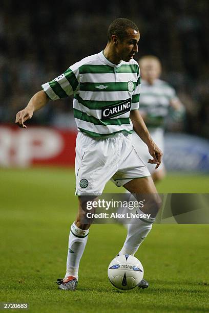 Henrik Larsson of Celtic runs with the ball during the UEFA Champions League Group A match between Celtic and Anderlecht held on November 5, 2003 at...