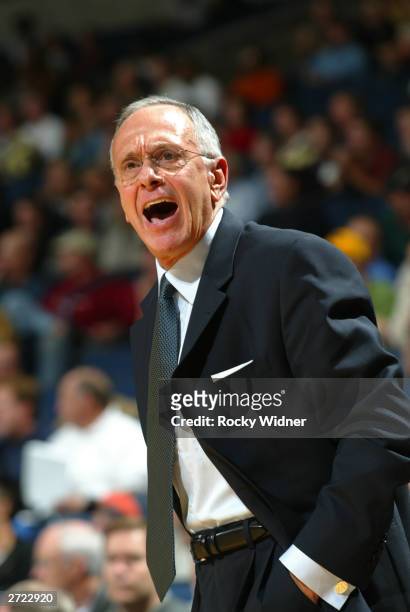 Larry Brown, head coach of the Detroit Pistons, reacts to a call during a game against the Golden State Warriors at The Arena in Oakland on November...