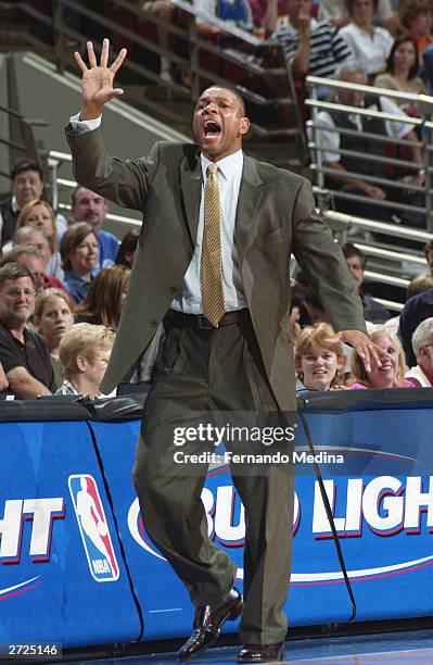 Head Coach Glenn 'Doc' Rivers of the Orlando Magic calls out a play against the Detroit Pistons during the game at TD Waterhouse Centre on November...