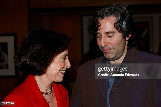 Director Paul Weitz chats with his mother, actress Susan Kohner at the Jack Oakie Lecture on Comedy in Film featuring Paul and Chris Weitz at the...