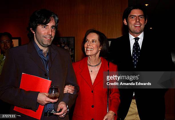 Directors Paul and Chris Weitz pose with their mother, actress Susan Kohner at the Jack Oakie Lecture on Comedy in Film featuring Paul and Chris...