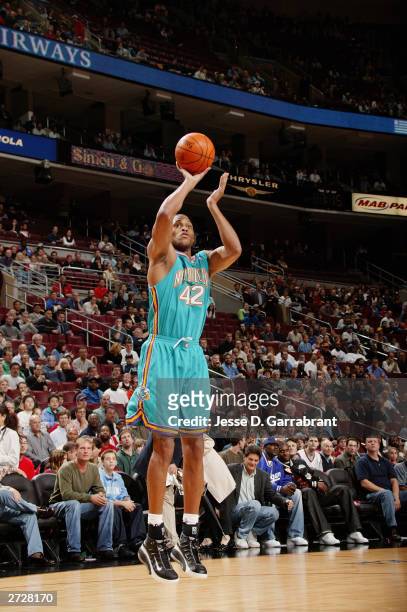 Brown of the New Orleans Hornets shoots an open jumper during the game against the Philadelphia 76ers at Wachovia Center on November 5, 2003 in...