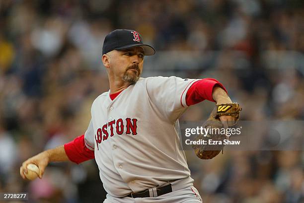 Pitcher John Burkett of the Boston Red Sox pitches during game 6 of the American League Championship Series against the New York Yankees on October...