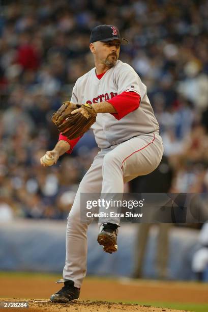 Pitcher John Burkett of the Boston Red Sox pitches during game 6 of the American League Championship Series against the New York Yankees on October...