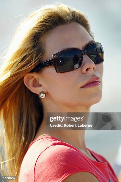 Amanda Church, girlfriend of Jeff Gordon driver of the Hendrick Motorsports Dupont Chevrolet during qualifying for the NASCAR Winston Cup Ford 400 at...