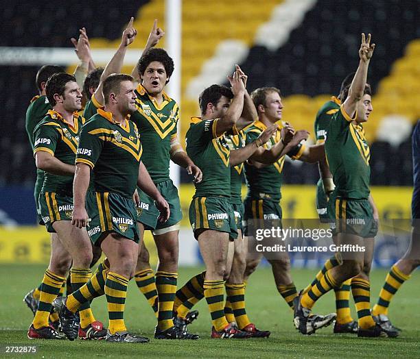 The Australian team celebrate winning the Think! Road Safety 2nd Test Match between Great Britain and Australia at The KC Stadium on November 15,...