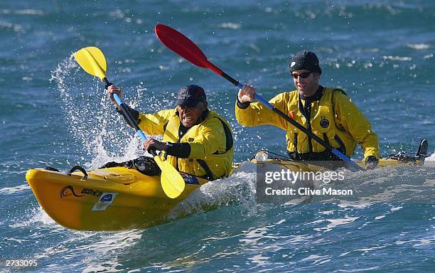 Bernie Shrosbree and James Tompkins in action in their kayak on the last day of The Cadbury Schweppes Mark Webber Challenge on November 16, 2003 in...