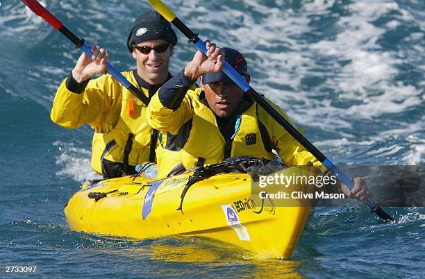 Bernie Shrosbree and James Tompkins in action in their kayak on the last day of The Cadbury Schweppes Mark Webber Challenge on November 16, 2003 in...