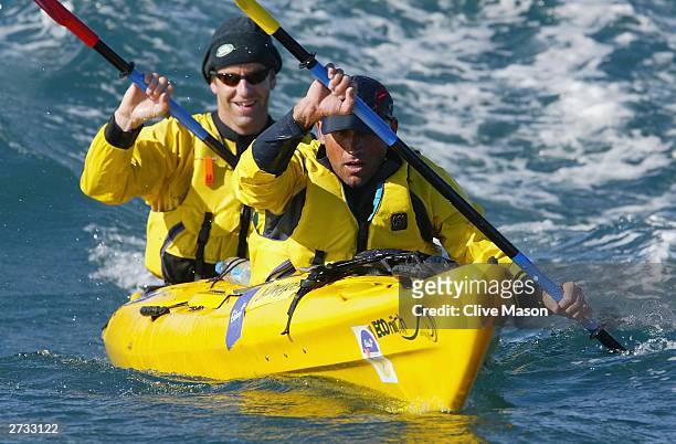 Bernie Shrosbree and James Tompkins in action in their kayak on the last day of The Cadbury Schweppes Mark Webber Challenge on November 16, 2003 in...