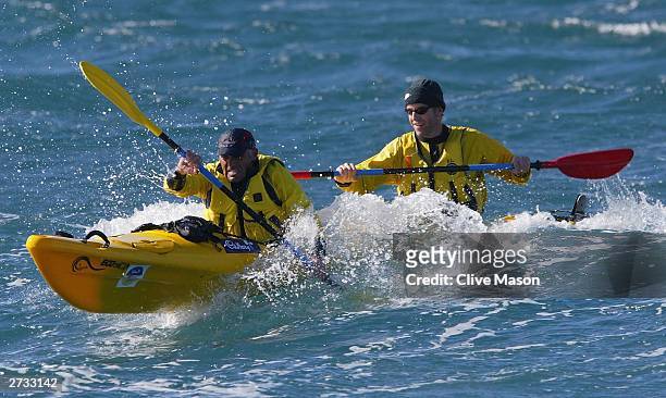 Bernie Shrosbree and James Tompkins in action in their kayak on the last day of The Cadbury Schweppes Mark Webber Challenge November 16, 2003 in...