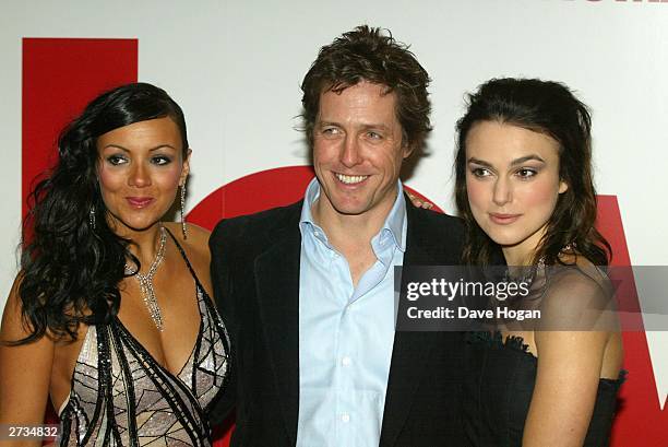 Actors Martine McCutcheon, Hugh Grant and Keira Knightley attend the UK charity film premiere of "Love Actually" at The Odeon Leicester Square on...