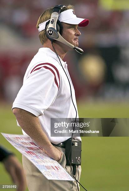 Head Coach Jon Gruden of the Tampa Bay Buccaneers watches his team play against the Green Bay Packers November 16, 2003 at Raymond James Stadium in...