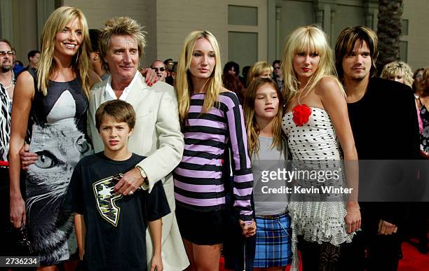 Singer Rod Stewart his wife Penny Lancaster and his children Liam Stewart, Ruby Stewart, Renee Stewart, Kimberley Stewart and Sean Stewart attend the...