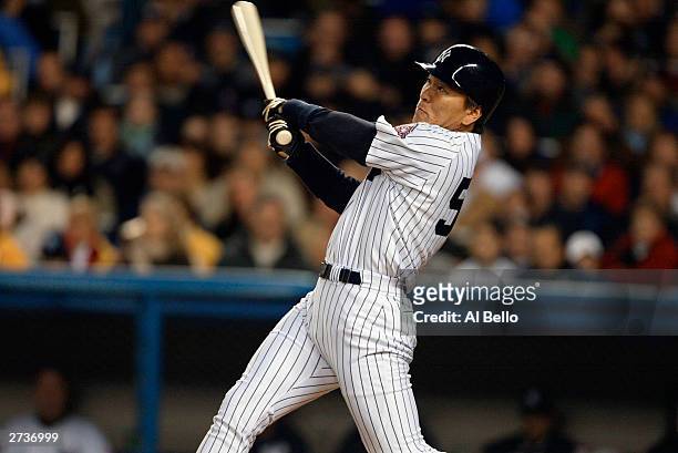 Left fielder Hideki Matsui of the New York Yankees is at bat against the Florida Marlins during game six of the Major League Baseball World Series on...