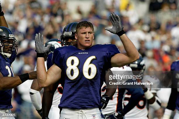Tight end Todd Heap of the Baltimore Ravens looses his helmet during the NFL game against the Denver Broncos at M&T Bank Stadium on October 26, 2003...