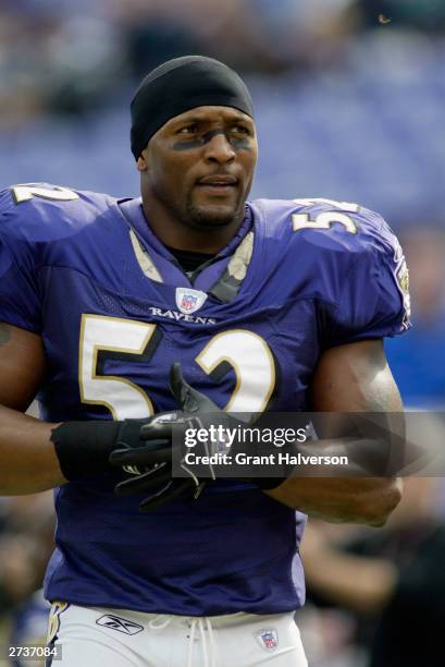 Ray Lewis of the Baltimore Ravens stands on the sidelines during the NFL game against the Denver Broncos at M&T Bank Stadium on October 26, 2003 in...