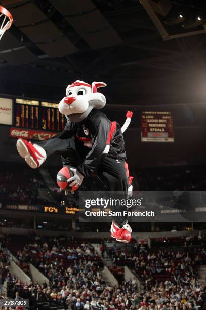 Blaze, the mascot of the Portland Trail Blazers, leaps in the air during a break in the game against the Atlanta Hawks at the Rose Garden on November...