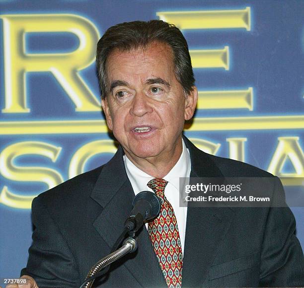 Producer Dick Clark speaks during the Hollywood Foreign Press Association press conference announcing Michael Douglas will be honored with the 2004...