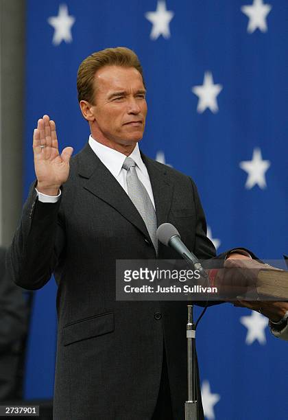 Arnold Schwarzenegger is sworn in as governor of California November 17, 2003 in Sacramento, California. Schwarzenegger became the 38th governor of...