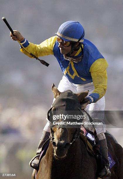 Alex Solis celebrates winning aboard horse, Pleasantly Perfect in the $4 Million Breeders' Cup Classic, Powered by Dodge part of the 2003 Breeders'...