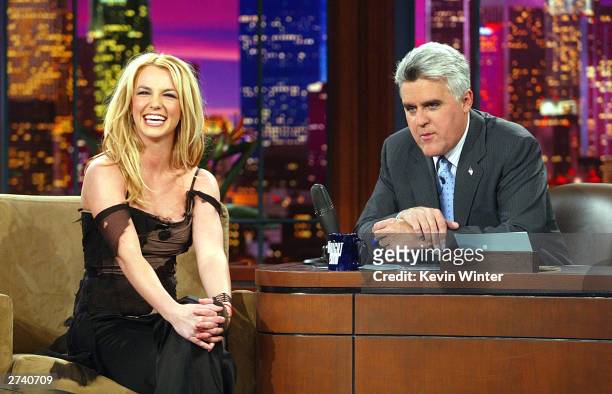 Singer Britney Spears appears on "The Tonight Show with Jay Leno" at the NBC Studios on November 17, 2003 in Burbank, California.
