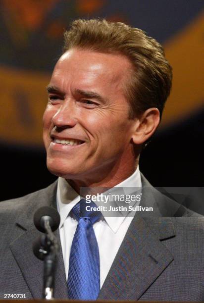 California Governor Arnold Schwarzenegger speaks to reporters during his first news conference as governor November 18, 2003 in Sacramento,...