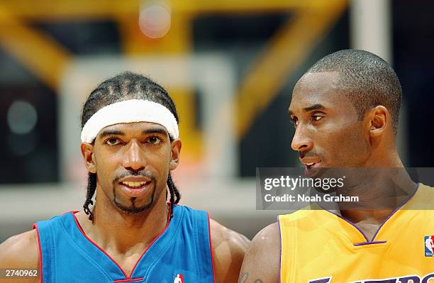 Richard Hamilton of the Detroit Pistons talks with Kobe Bryant of the Los Angeles Lakers during the game at Staples Center on November 24, 2003 in...