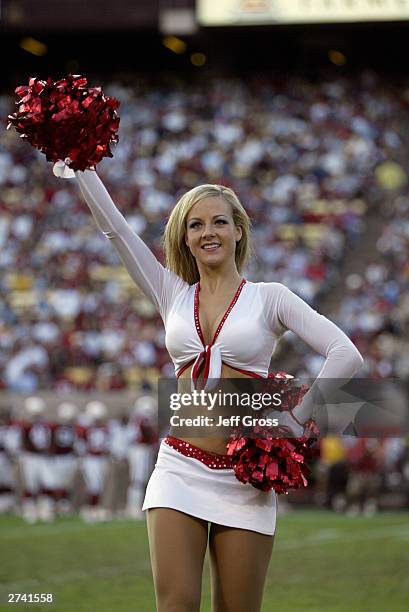 Member of the Arizona Cardinals cheer squad performs her routine during the game against the Cincinnati Bengals on November 2, 2003 at Sun Devil...